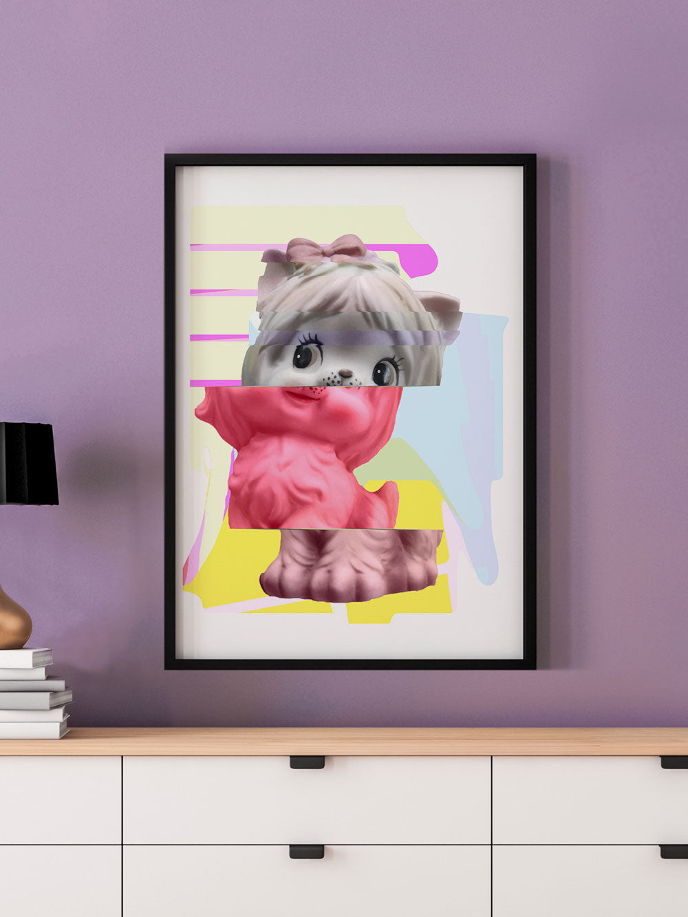 Kitty Splice 3 Cat Art Print in a frame on a wall