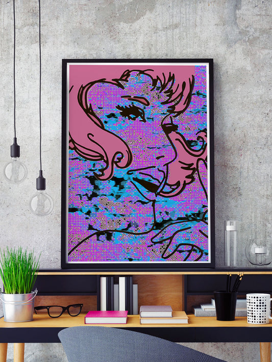 Lady Pixel Pop Wall Art in a frame on a shelf