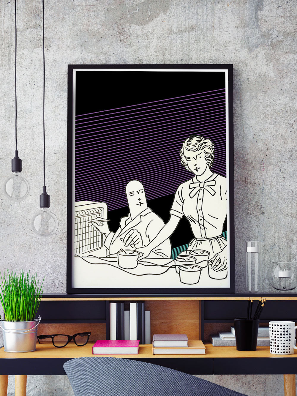 Linear Frequency Illustration Print in a frame on a shelf