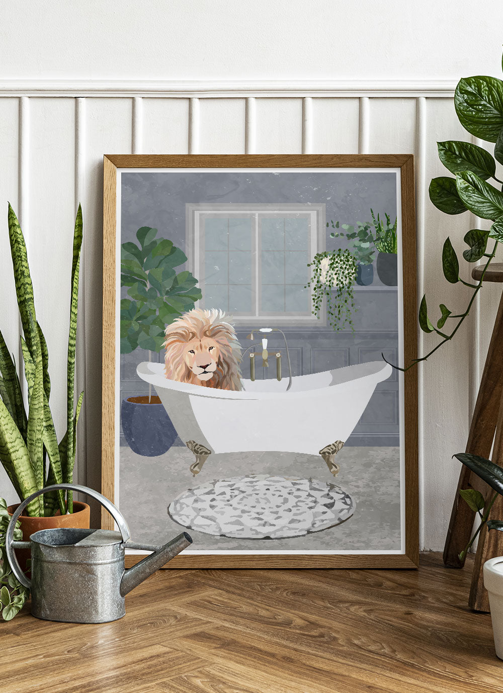 Lion in a Bath Art Print by Sarah Manovski in beautiful room with house plants