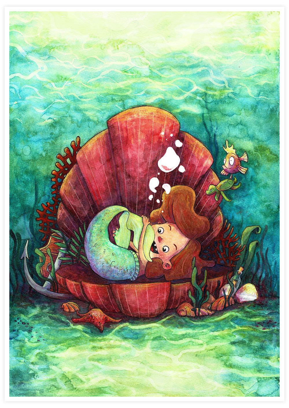 The Little-est Mermaid Art Print with bright red and green colour