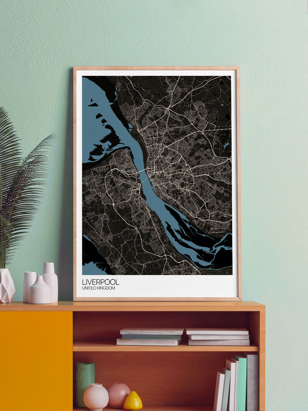 Liverpool UK City Map Art in a frame on a shelf