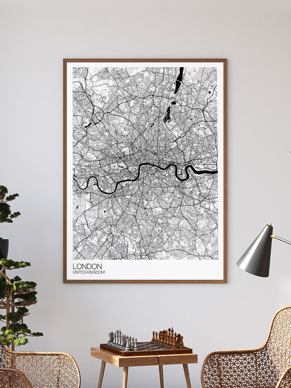 London City Map Drawing Print in a frame on a wall