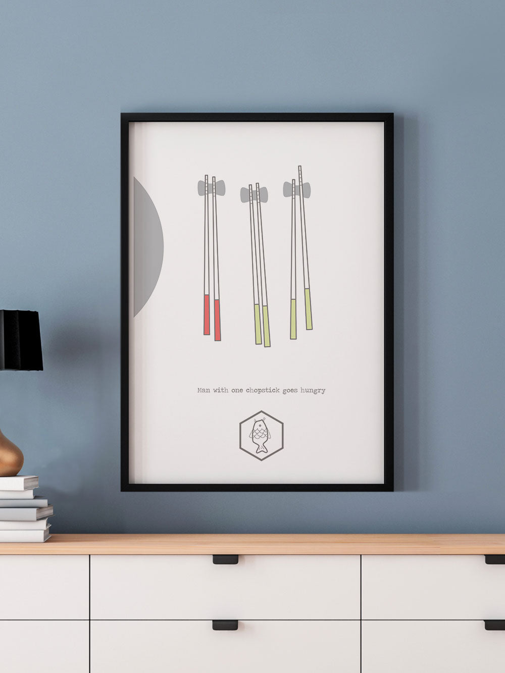One Chopstick Sushi Art Print in a frame on a wall