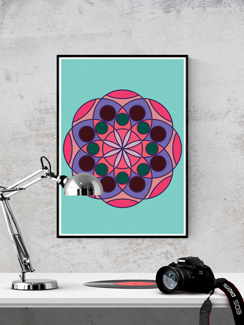 Mandala 1 Pink Mandala Art Print in a frame on a wall