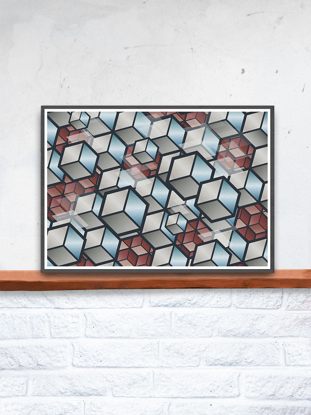 Metal Cubes Geometric Cube Print in a frame on a shelf