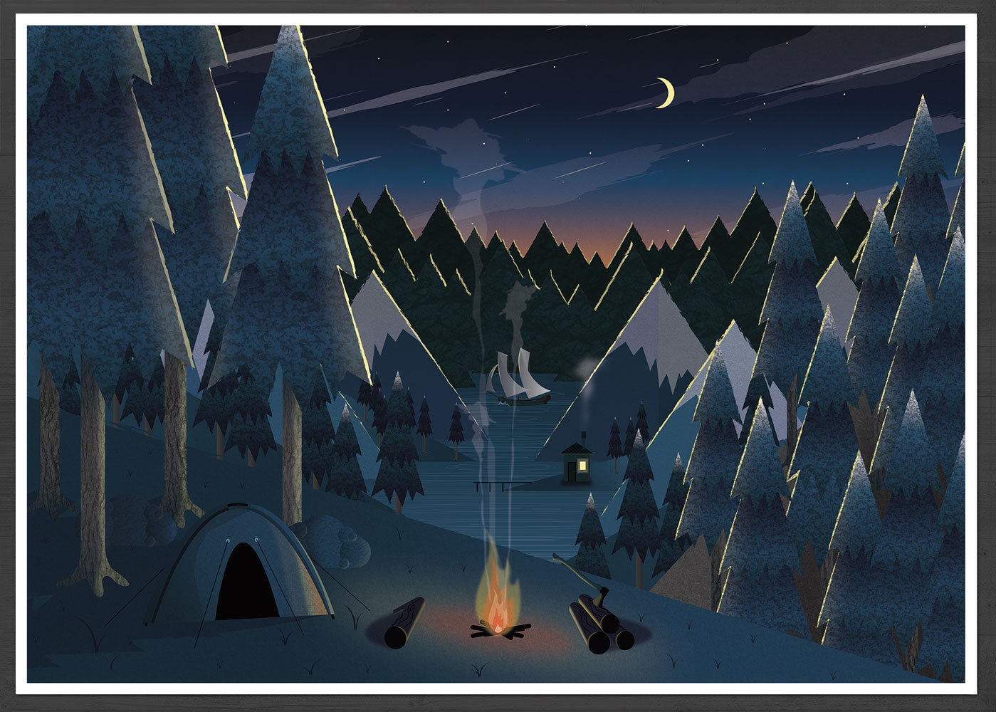 Midnight Camping Art for Kids Print in a frame