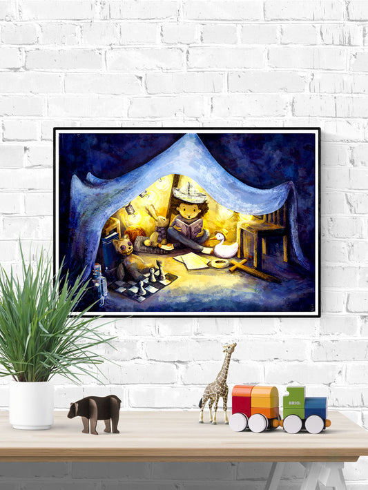 Night Time Stories Kids Wall Art in a frame on a wall