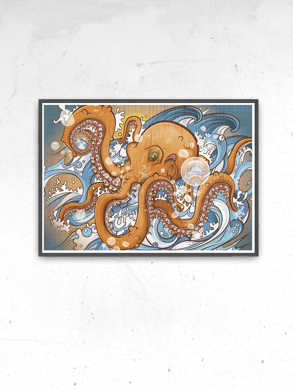Octopus Sea Creature Print in a frame on a wall