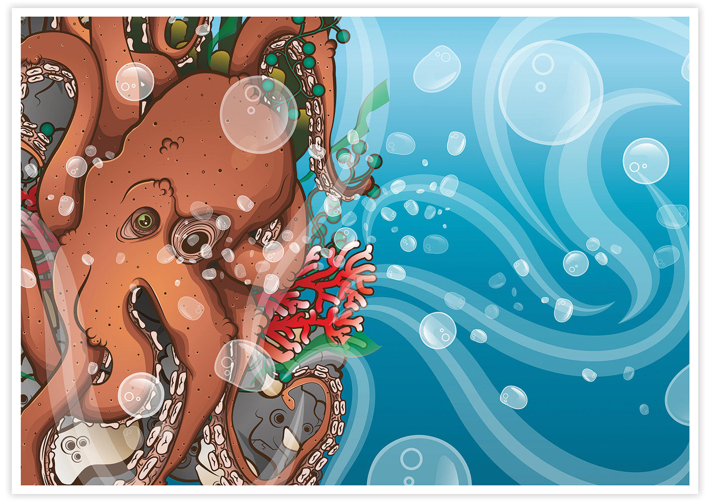 Octopus Waves Sea Creature Print Artwork no frame