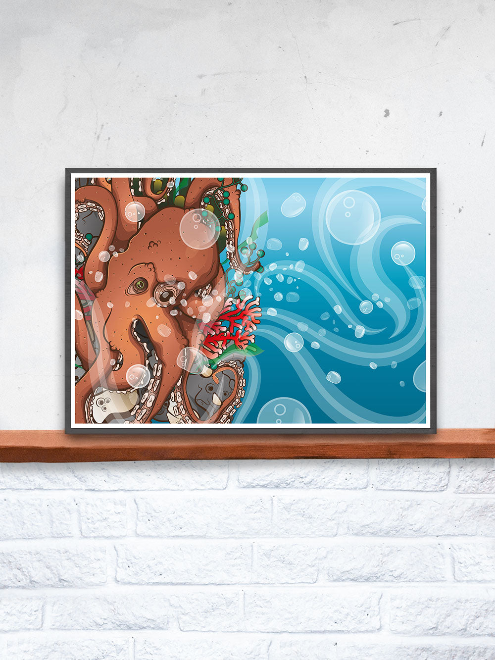 Octopus Waves Sea Creature Print Artwork in a frame on a shelf