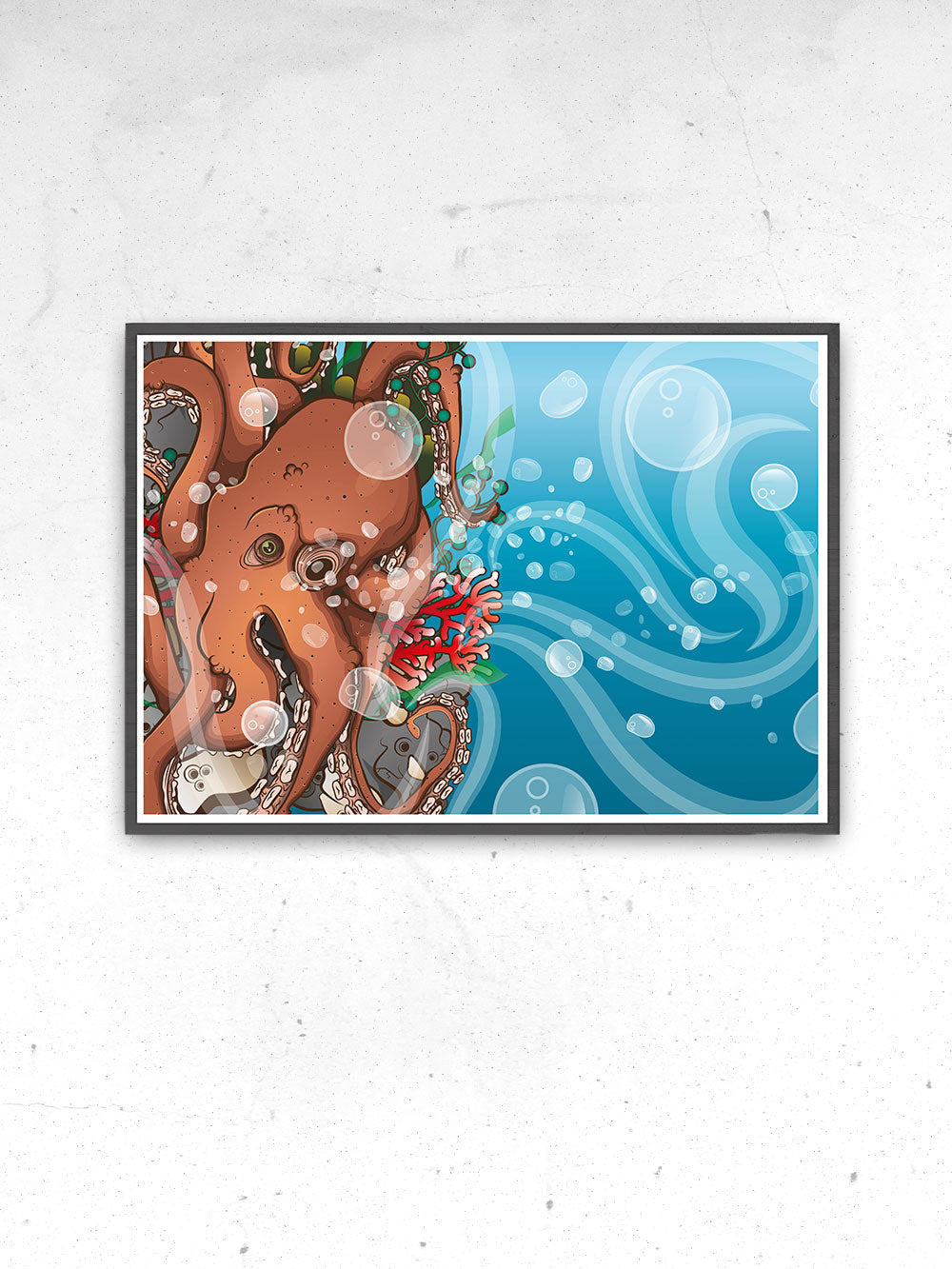 Octopus Waves Sea Creature Print Artwork in a frame on a wall