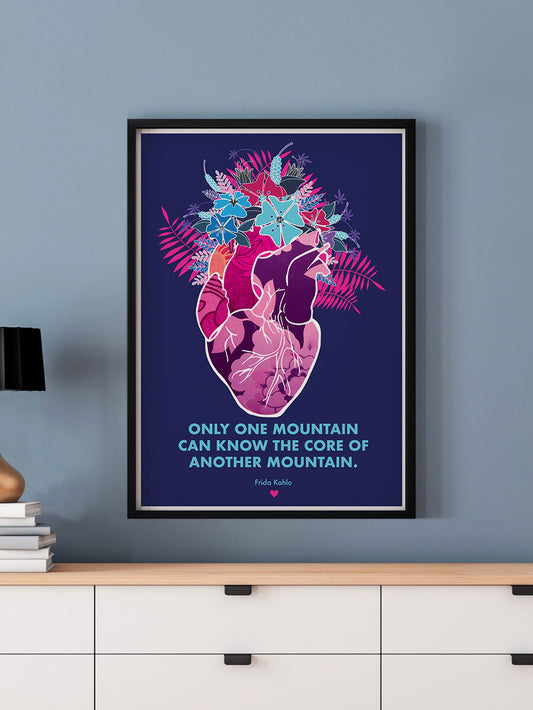 Only One Mountain Illustration Print in a frame on a blue wall