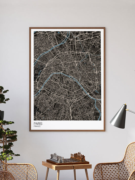 Paris Modern Map Art Print in a frame on a wall