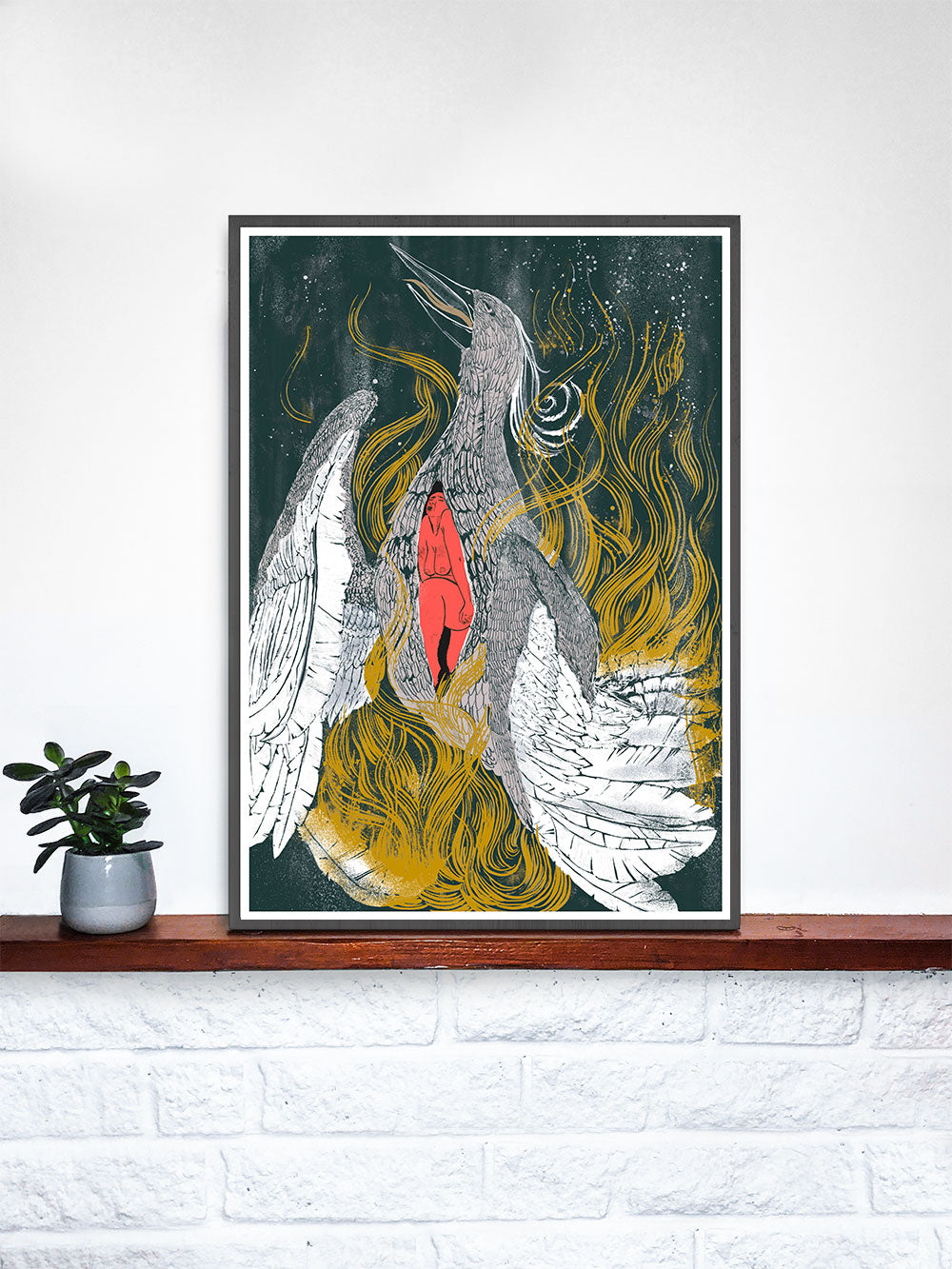 Phoenix Digital Art in a frame on a shelf