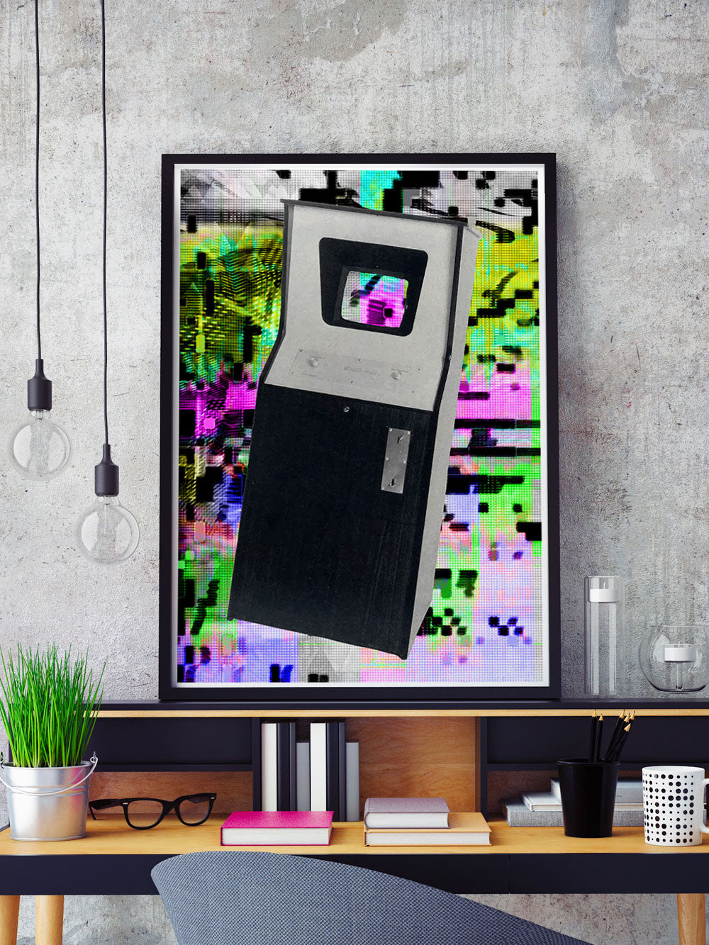 Play Screen Retro Art Print in a frame on a shelf