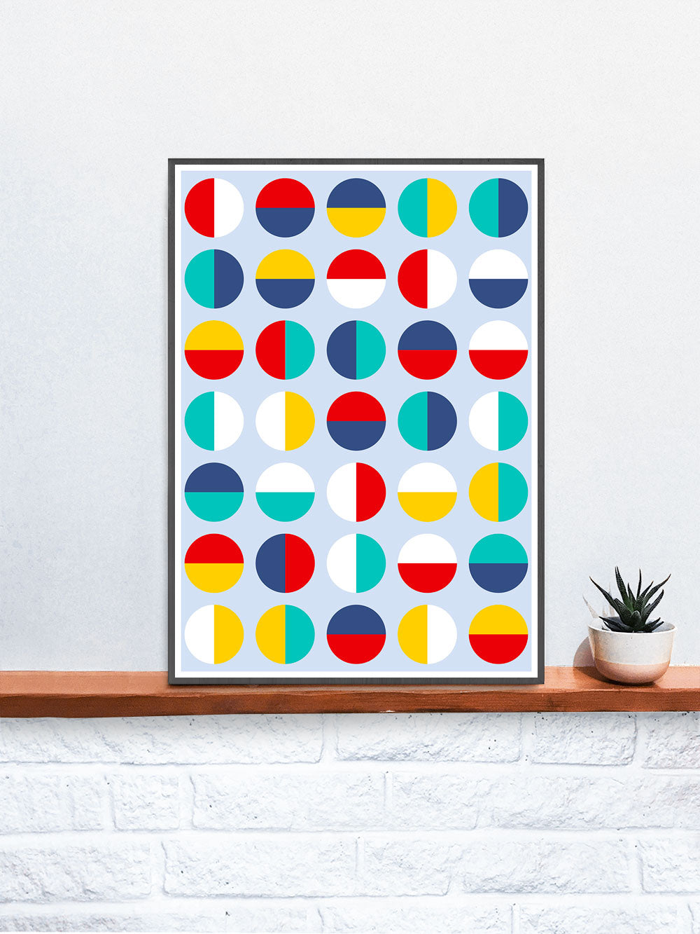 Pop Binary Abstract Art Print in a frame on a shelf