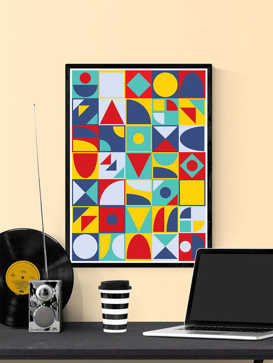 Pop Tones Shapes Abstract Art Print in a frame on a wall
