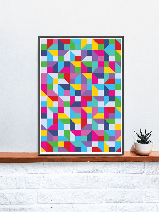 Popmetric Abstract Geometric Art Print in a frame on a shelf