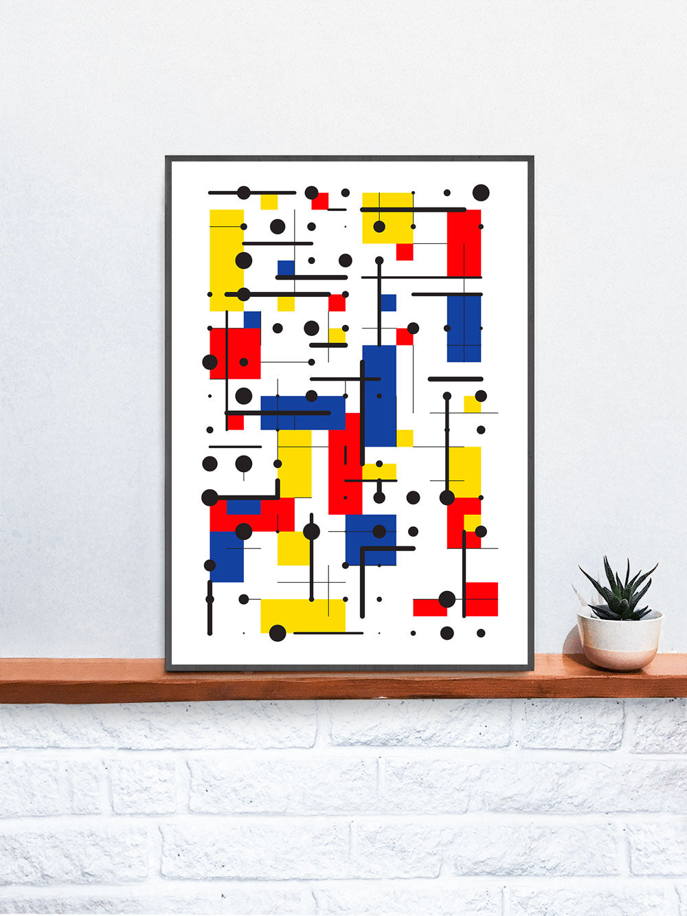 Primary 10 Line and Shape Art Print in a frame on a shelf