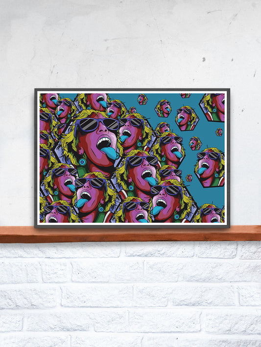 Rave Girl Blue Vector Illustration Print in a frame on a shelf