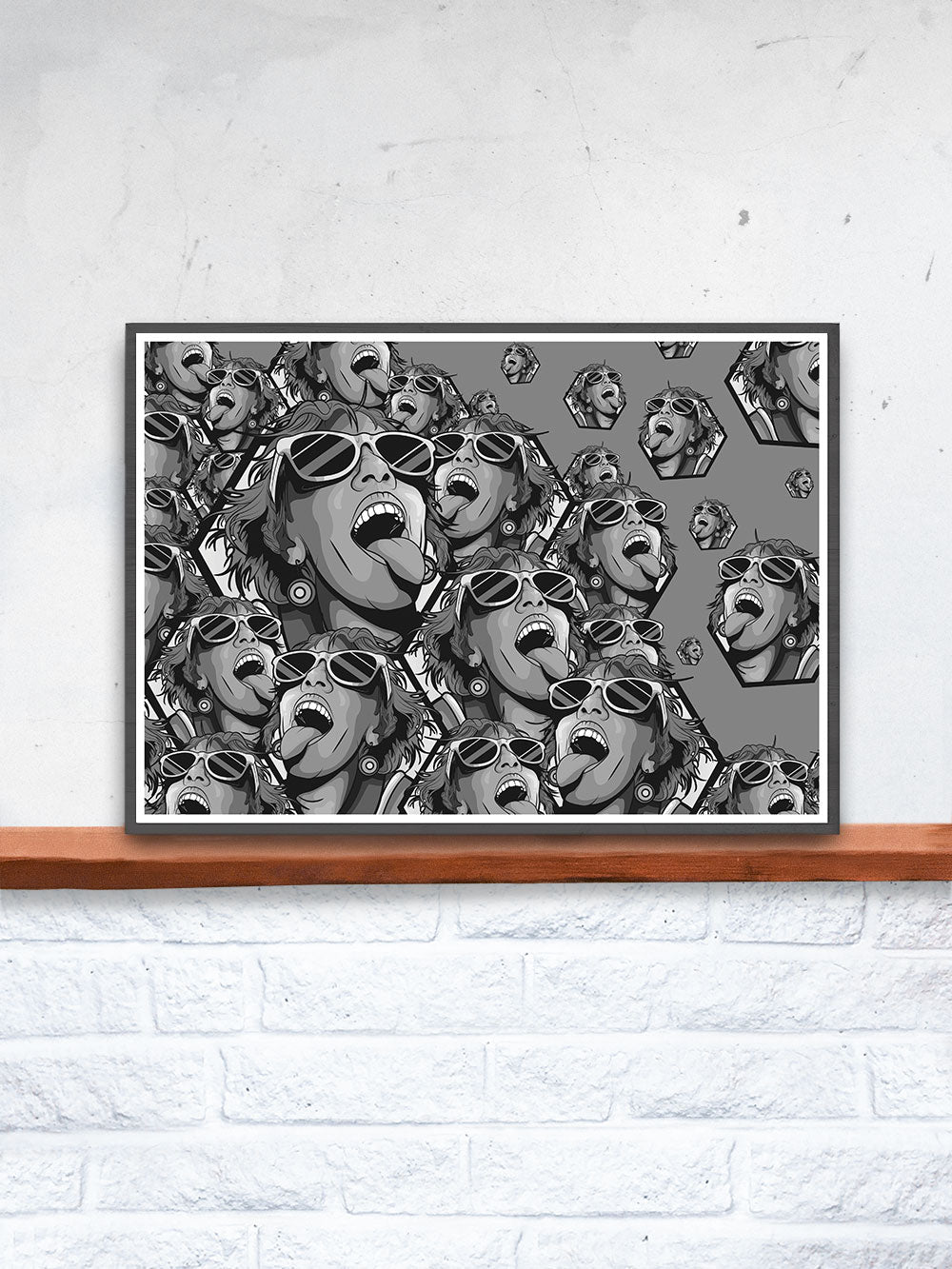 Rave Girl Monochrome Vector Illustration Print in a frame on a shelf