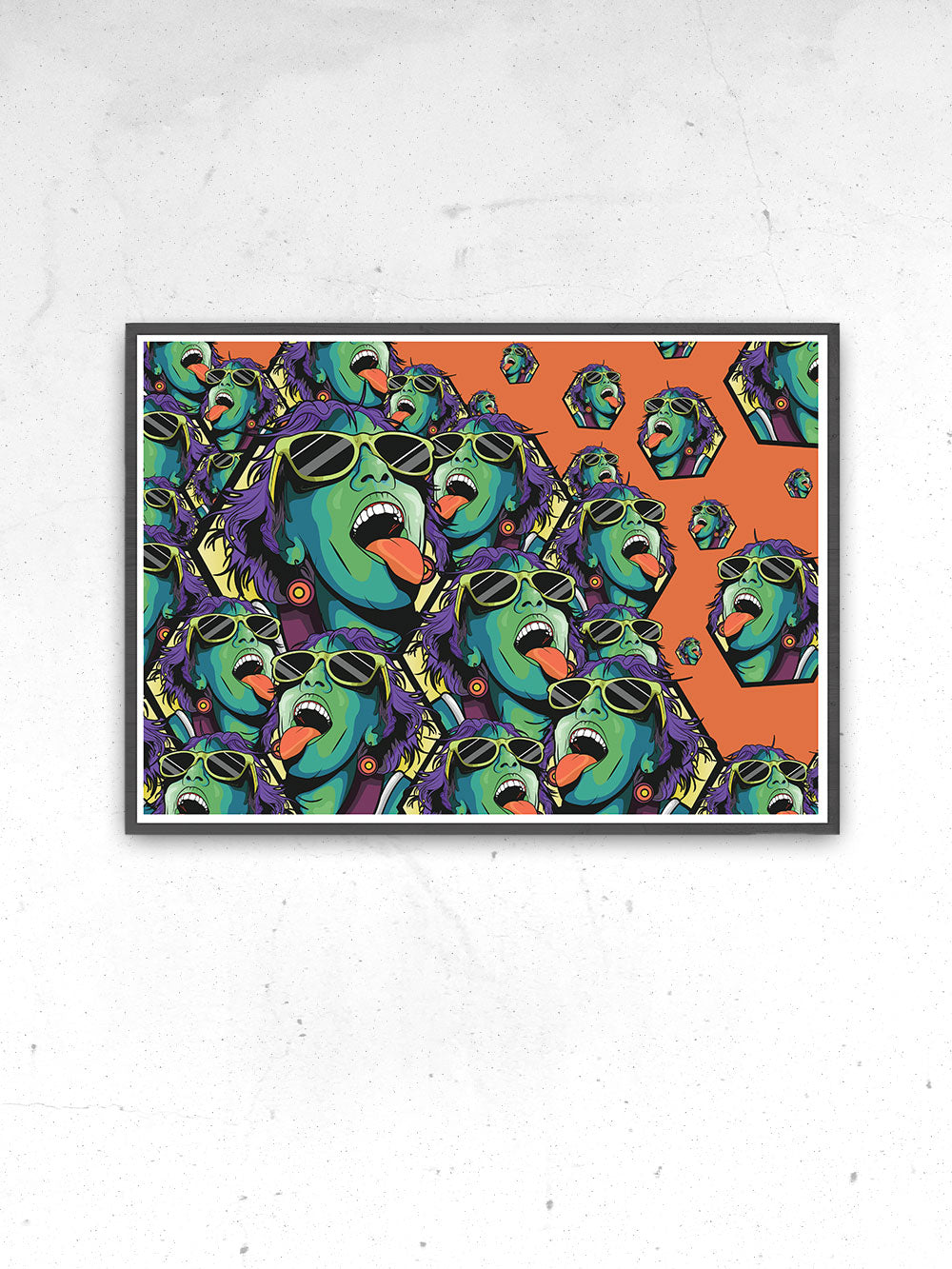 Rave Girl Orange Illustration Print in a frame on a wall
