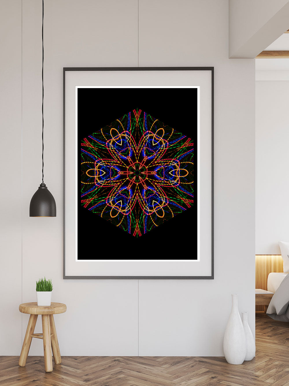 Sacred Heart Mandala Print in a frame on a wall