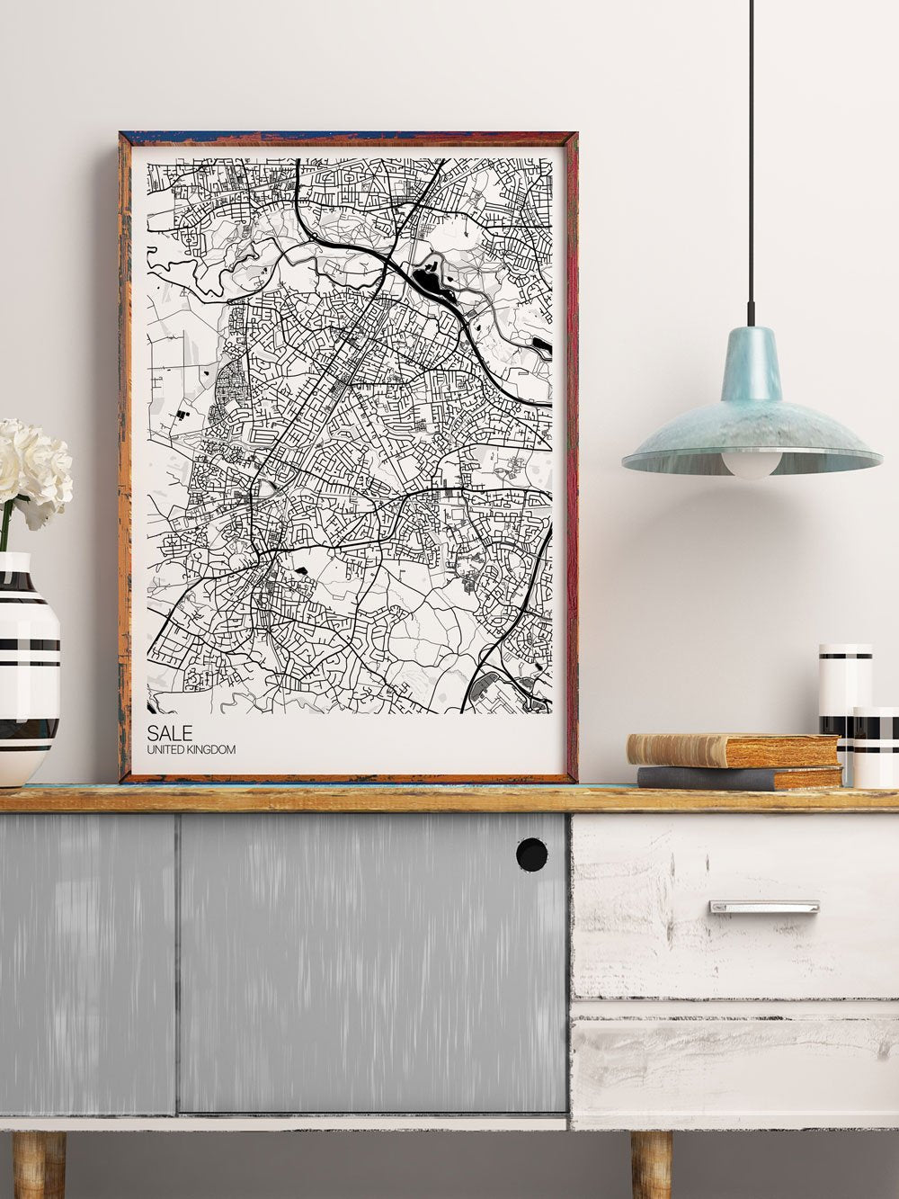Sale Trafford Map Print in a kitchen