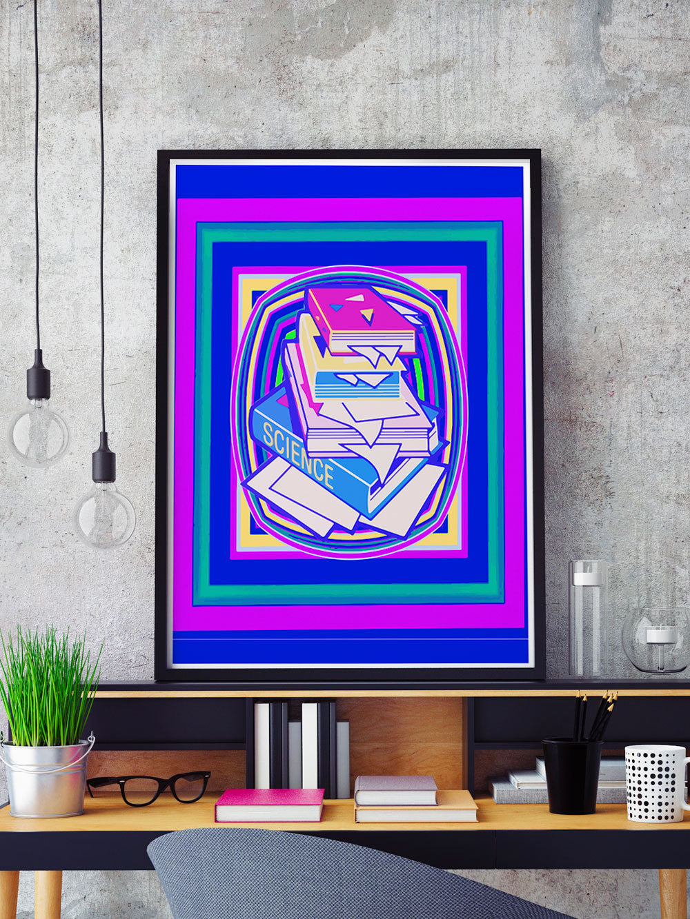 Science Stack Purple Abstract Art Print in a frame on a shelf