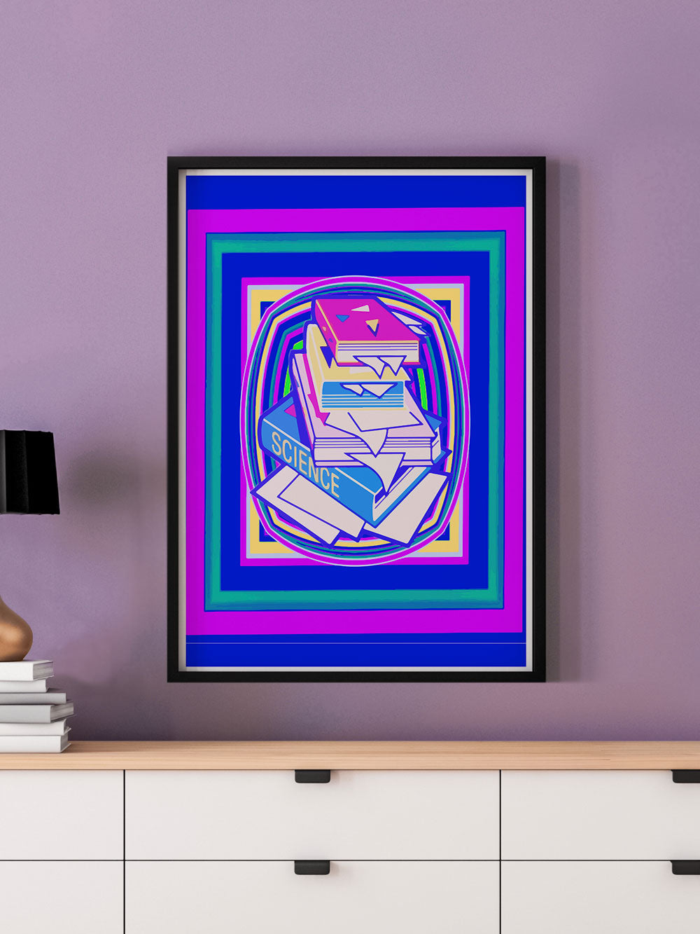 Science Stack Purple Abstract Art Print in a frame on a wall