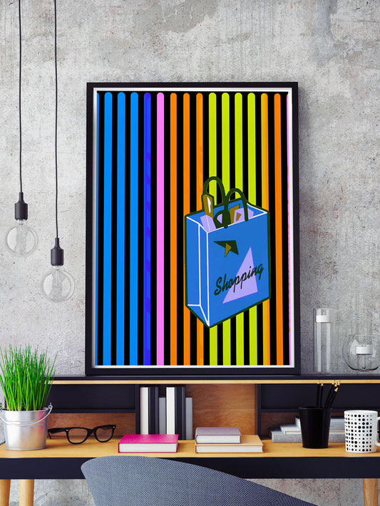 Shopping Streak Retro Art Print in a frame on a shelf