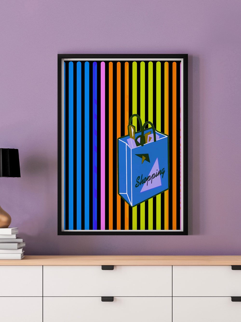 Shopping Streak Retro Art Print in a frame on a wall