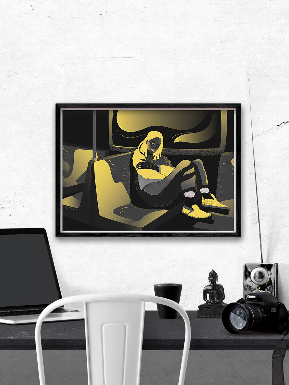 Soul Traveller Yellow Peaceful Artwork by Figen Demireva Installed Above A Desk