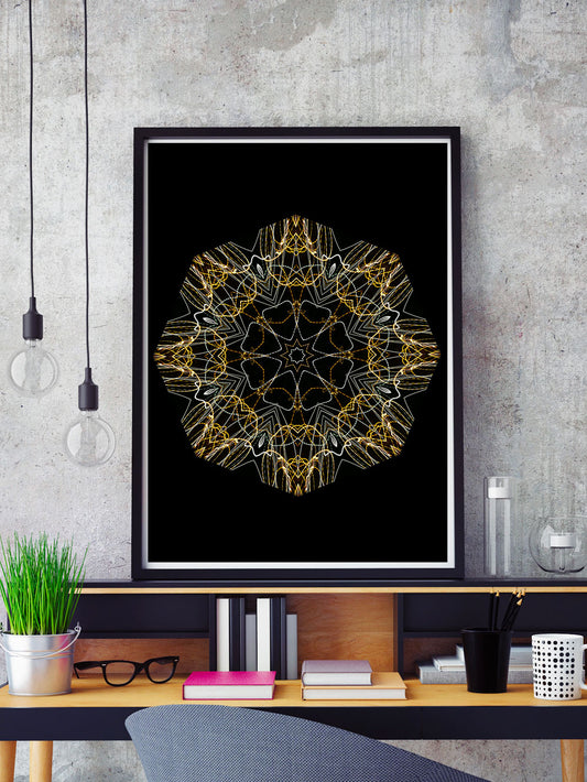 Space Odyssey Mandala Print in a frame on a shelf