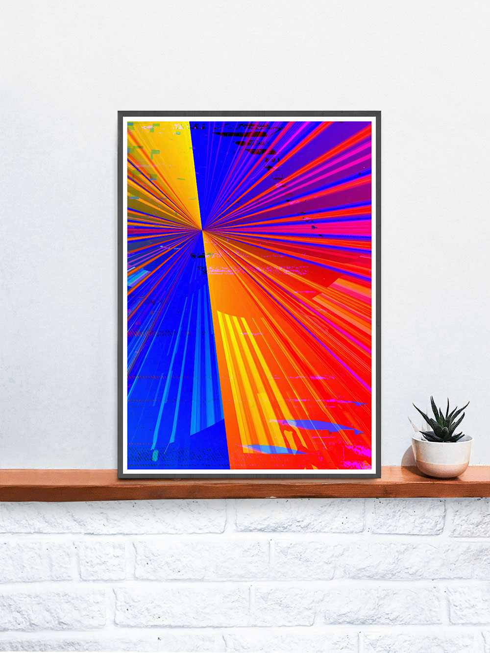 Spectre Colourful Abstract Art Print in a frame on a shelf