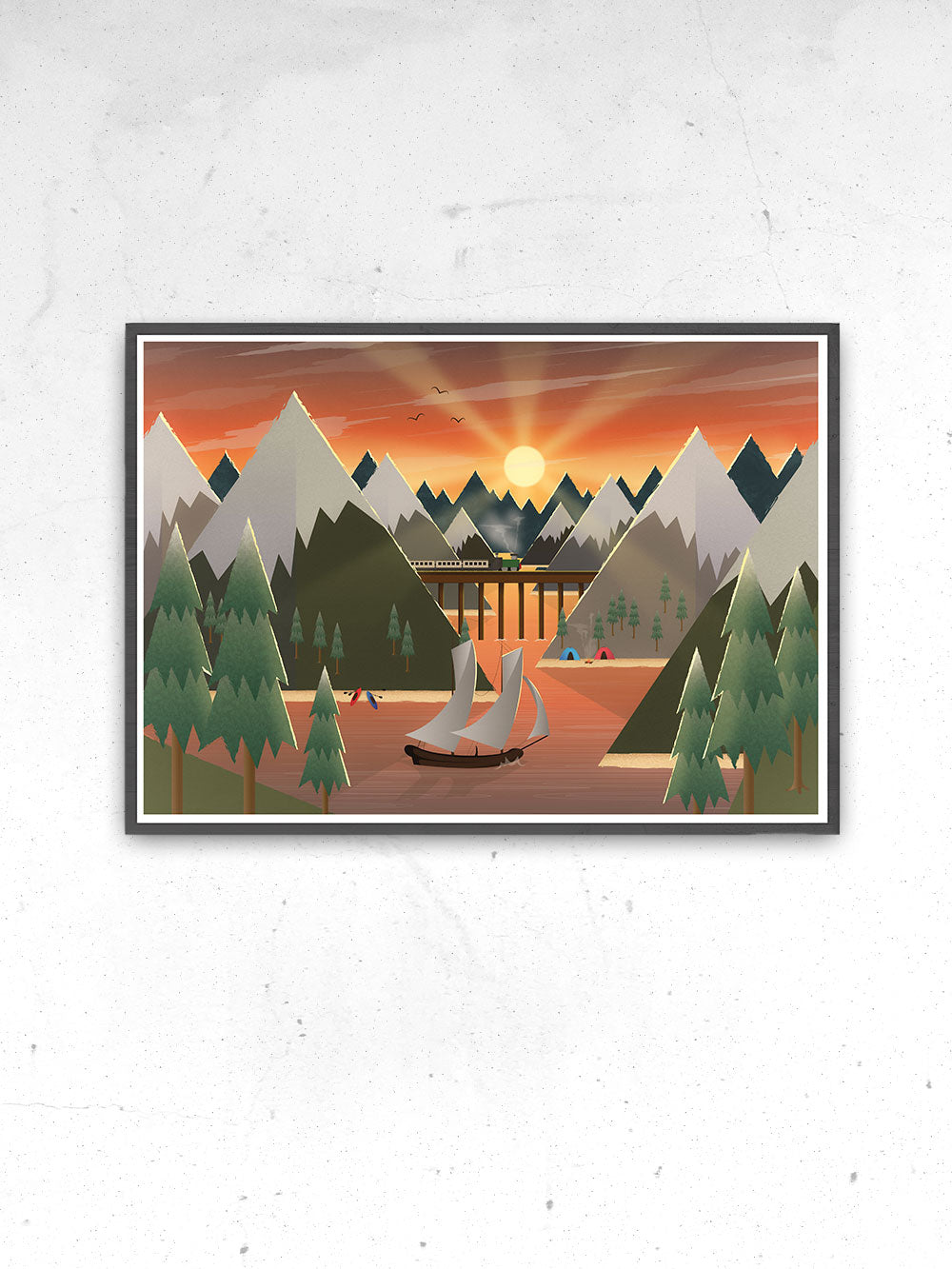 Sunset Lake Illustration Art for Kids in a frame on a wall