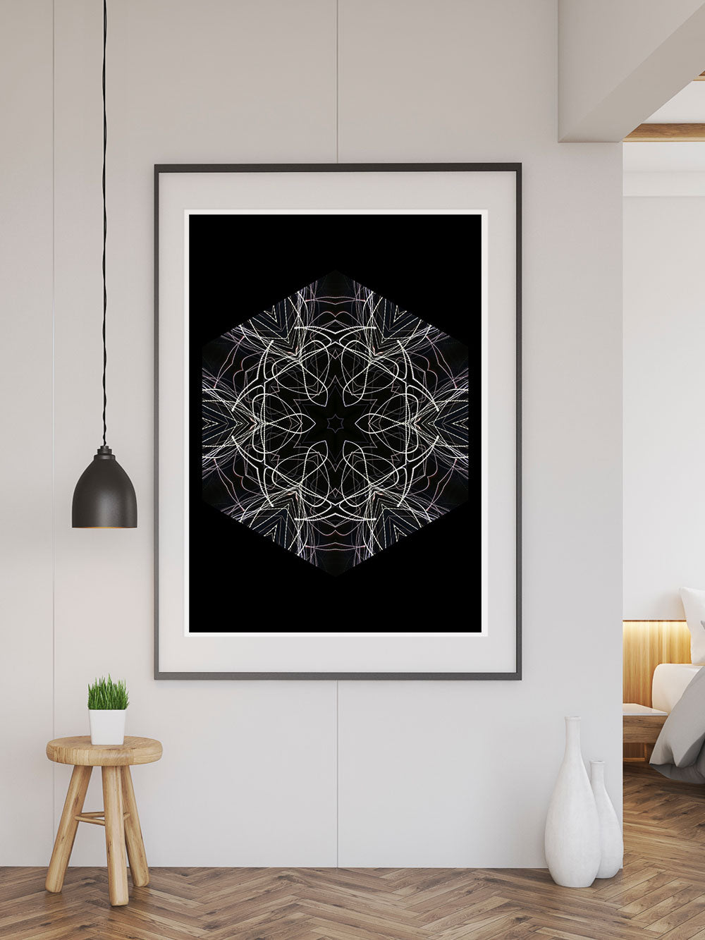 Tesla Pattern Print in a frame on a wall