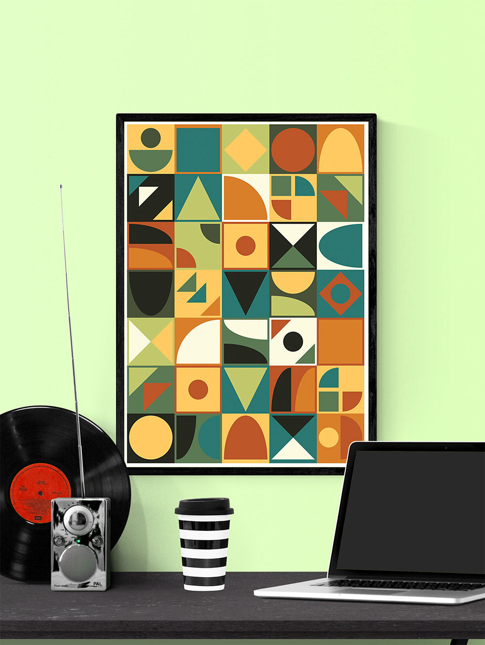 Retro Tone Shapes 70s Wall Poster in a frame on a wall