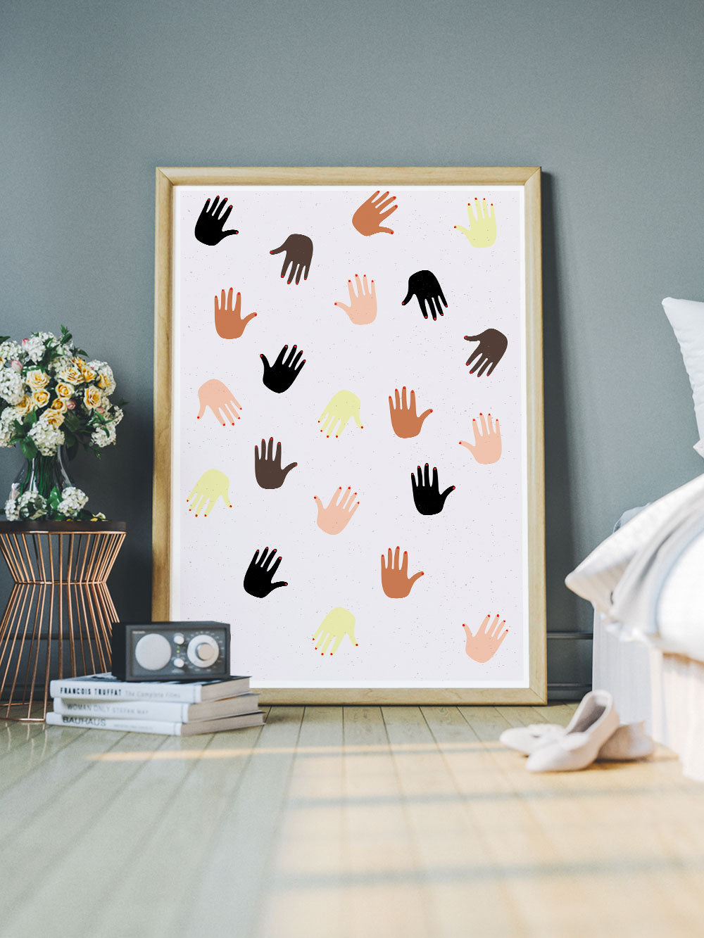Together Hands Print Illustration in a bedroom
