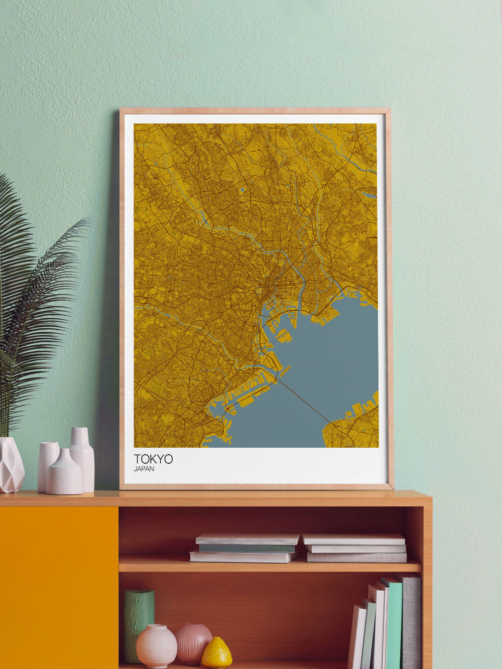 Tokyo City Map Print n a frame on a shelf