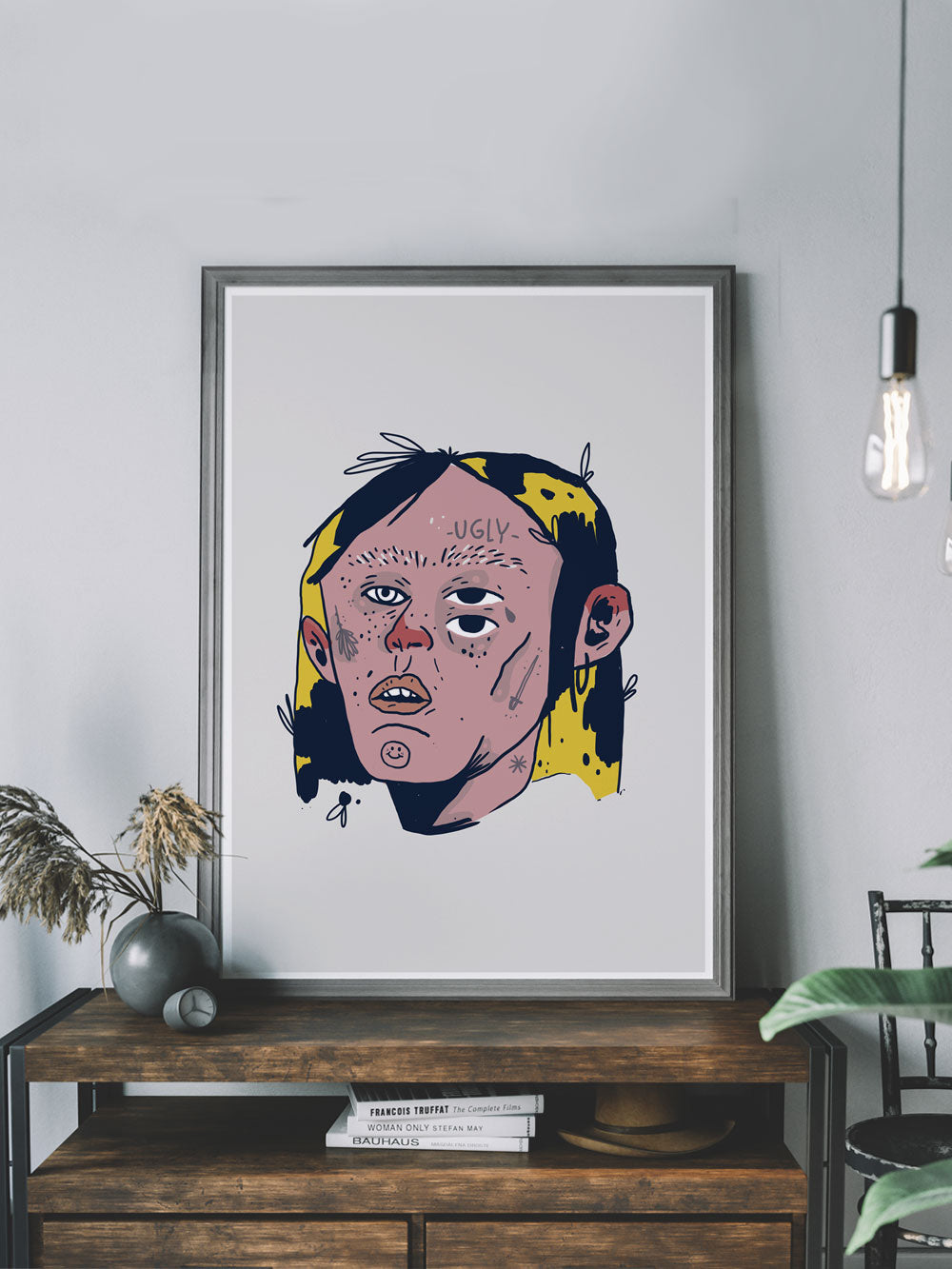 Ugly Boy Portrait Drawing Print in a tredny room