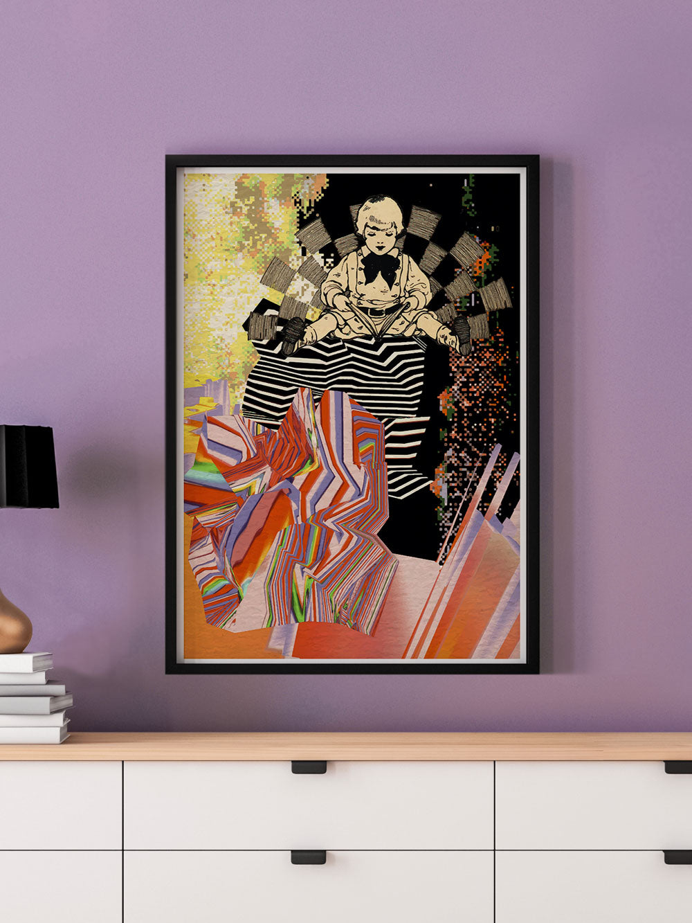 Universal Volume Collage Art Print in a frame on a wall