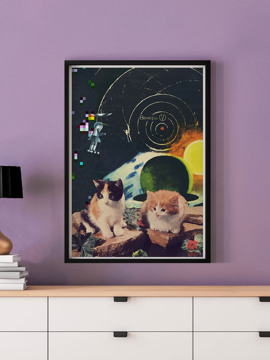 Vega Starcats Retro Cats Print in a frame on a wall