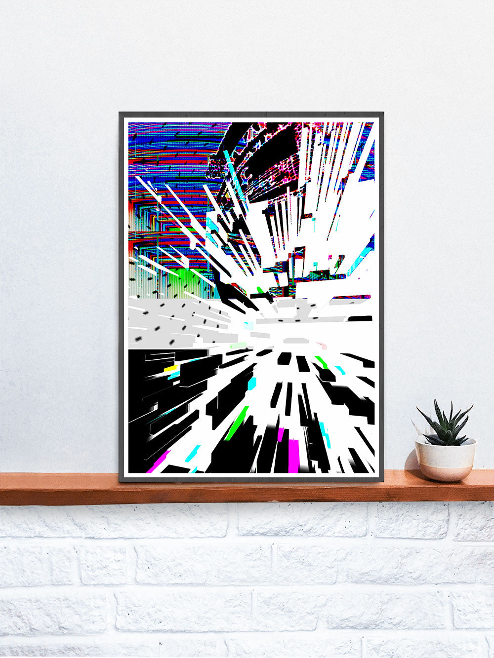 Watch Tower Glitch Poster Print in a frame on a shelf