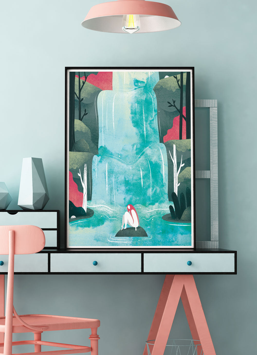 Waterfall Fantasy Print on a table in a modern room