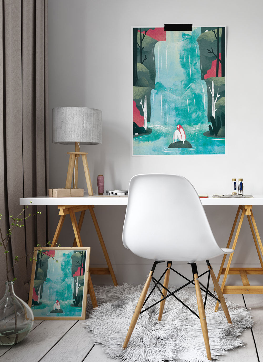 Waterfall Fantasy Print behind a desk in a beautiful room