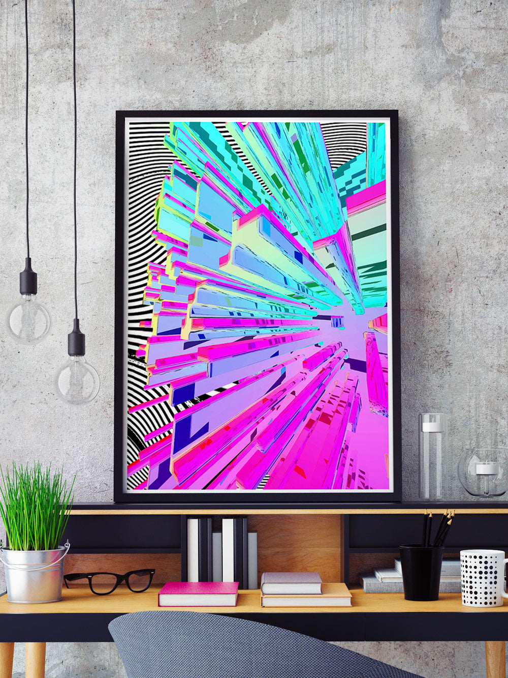 Wavy Crystal Glitch Art Print in a frame on a shelf