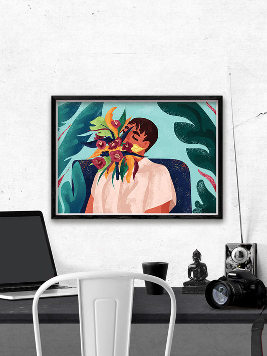 Your Soul Is A Jungle Botanical Art Poster by Figen Demireva above a smart desk